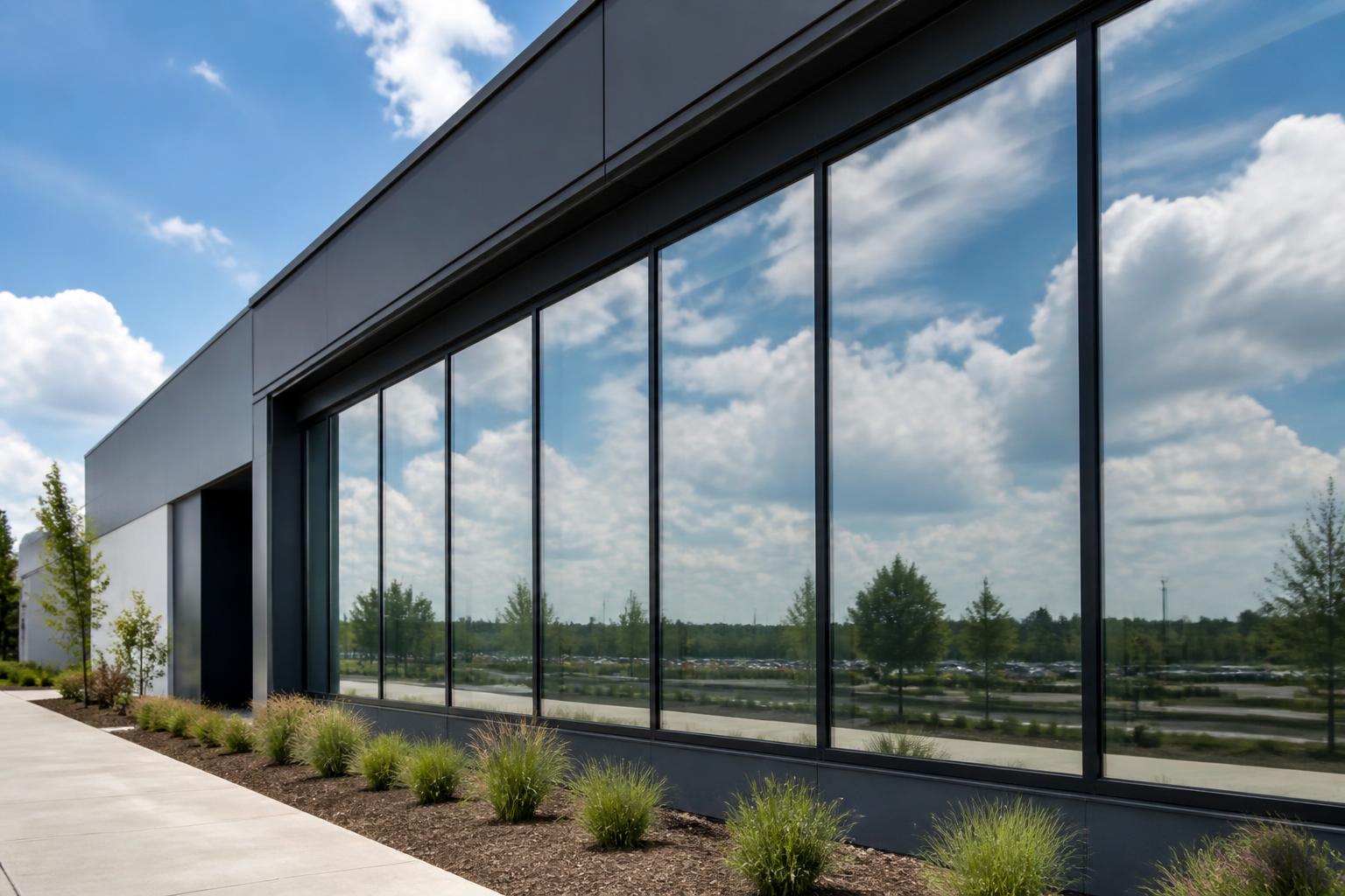 Sleek reflective privacy window film on a commercial building exterior — interior is not visible from outside