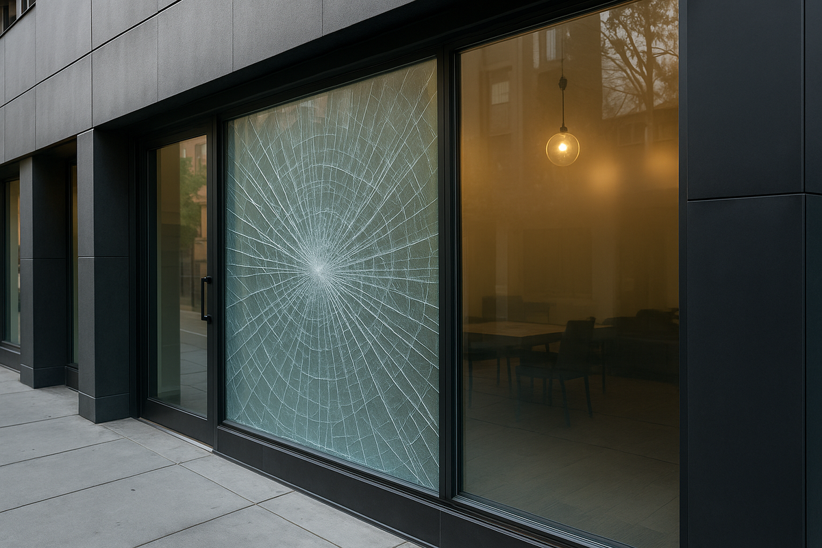 A commercial storefront window with shattered glass held safely in place by protective safety window film, demonstrating break-in resistance.