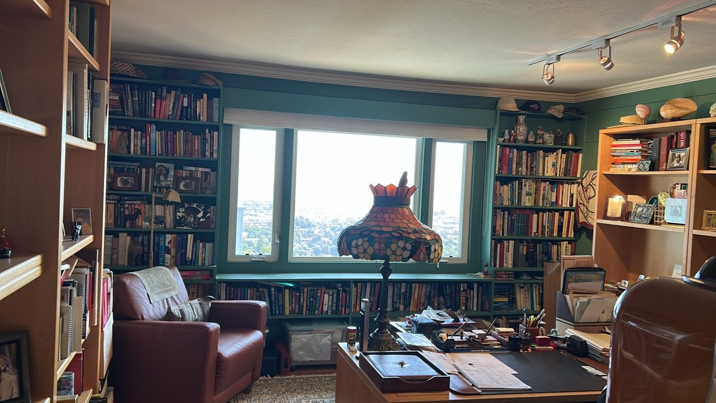 Residential living room with bookshelves and windows treated with ceramic window film
