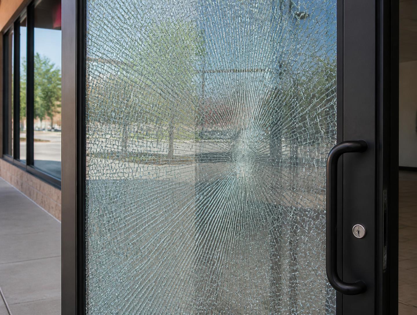Shattered storefront glass held together in one piece by safety and security window film