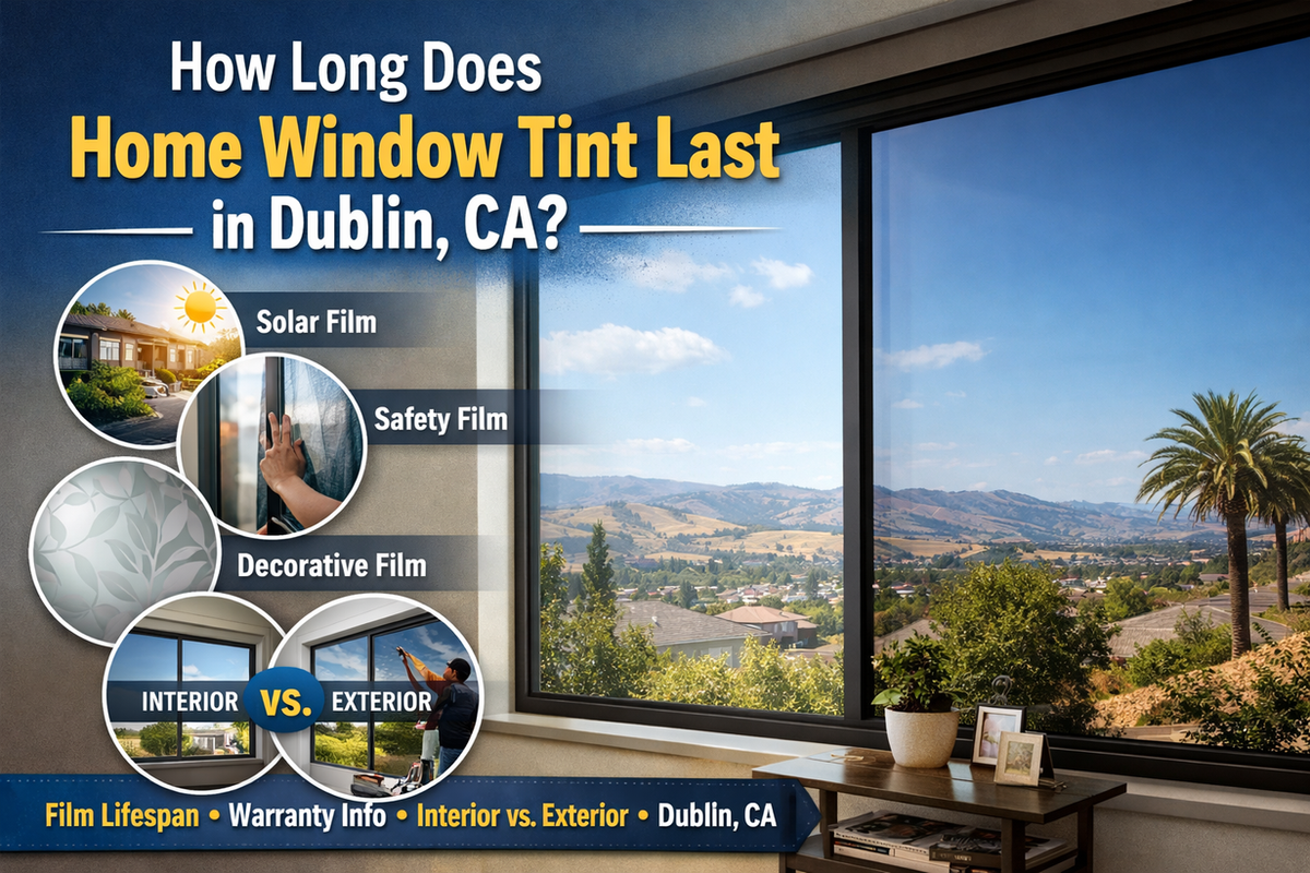 Illustrated blog image showing residential window tint on a home in Dublin, CA with text about how long home window tint lasts, including film lifespan, warranty information, and interior vs exterior installation.