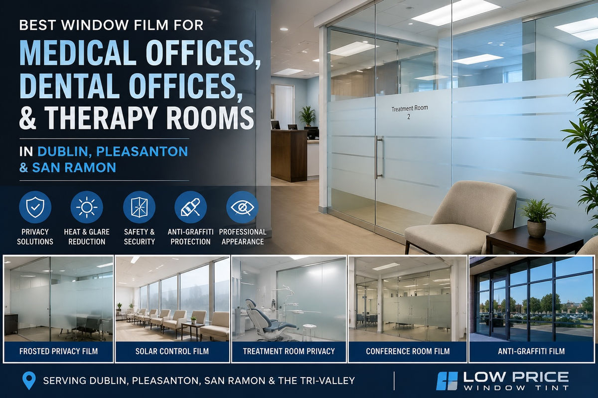 Modern medical office with frosted privacy window film on glass walls and doors for treatment room privacy, heat reduction, glare control, safety, and professional appearance.