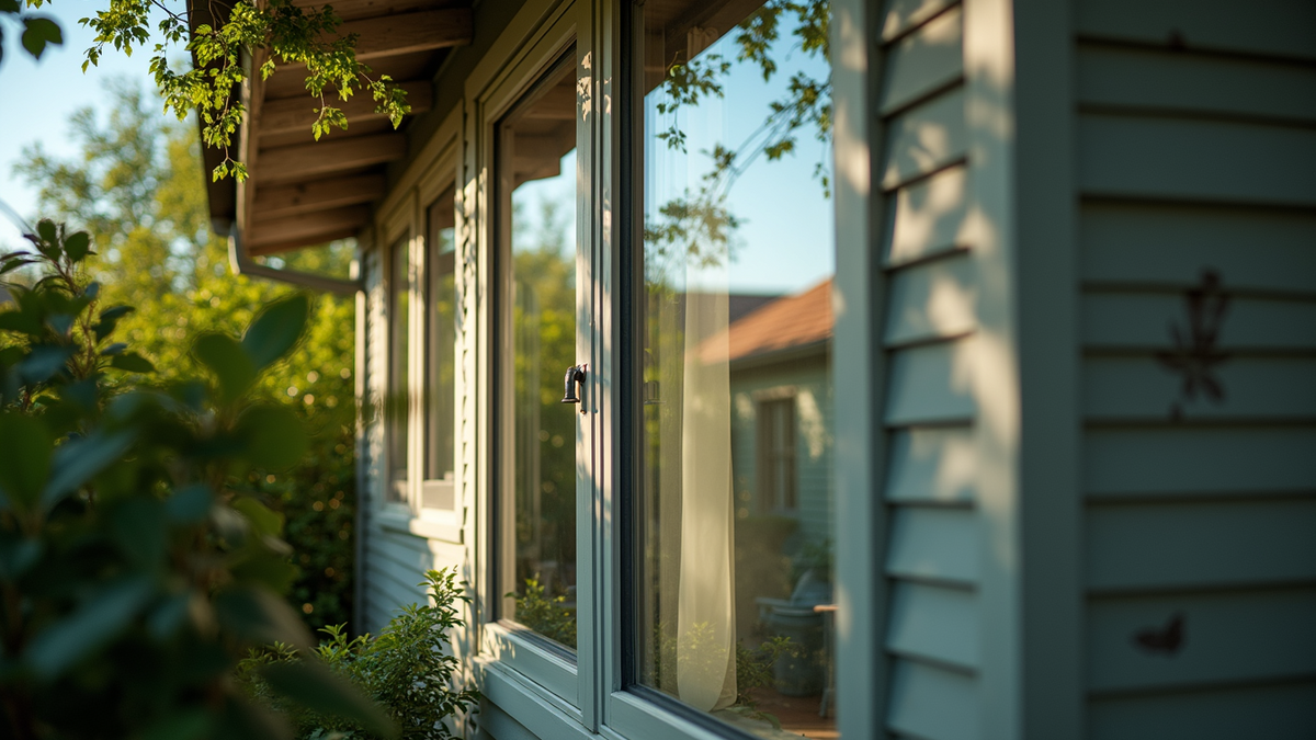 Eye-level view of a home with tinted windows reflecting greenery