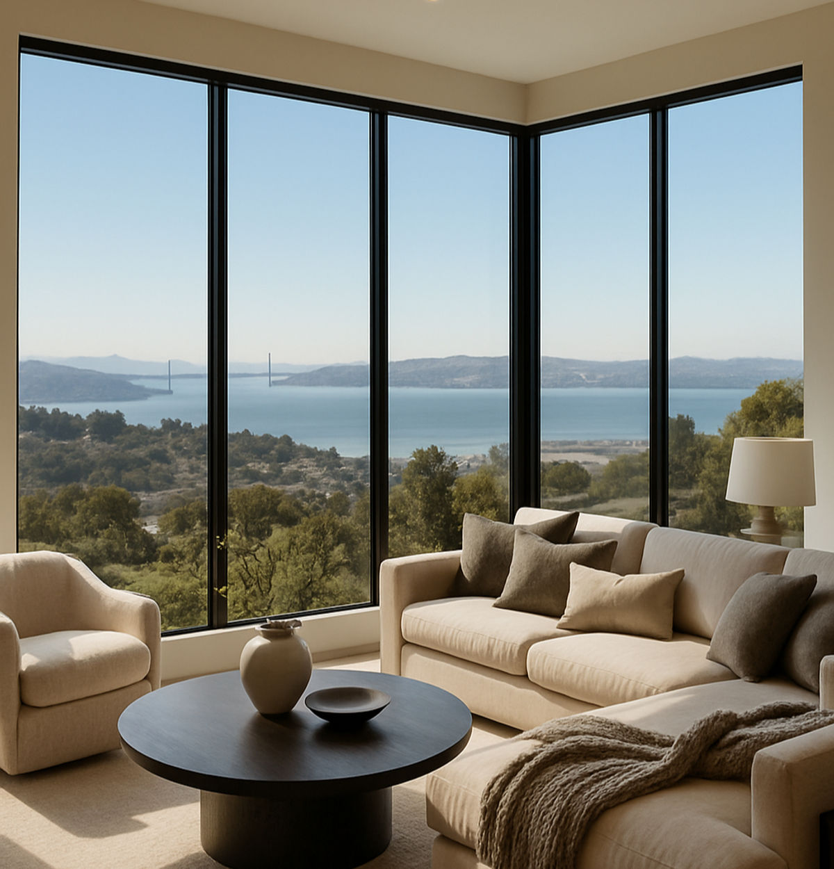 Elegant Bay Area living room with floor-to-ceiling tinted windows showcasing a panoramic city and water view, soft natural light, and modern high-end interior design