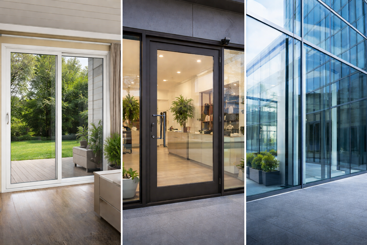 Residential, storefront, and commercial glass applications illustrating how safety film needs can vary by building type.