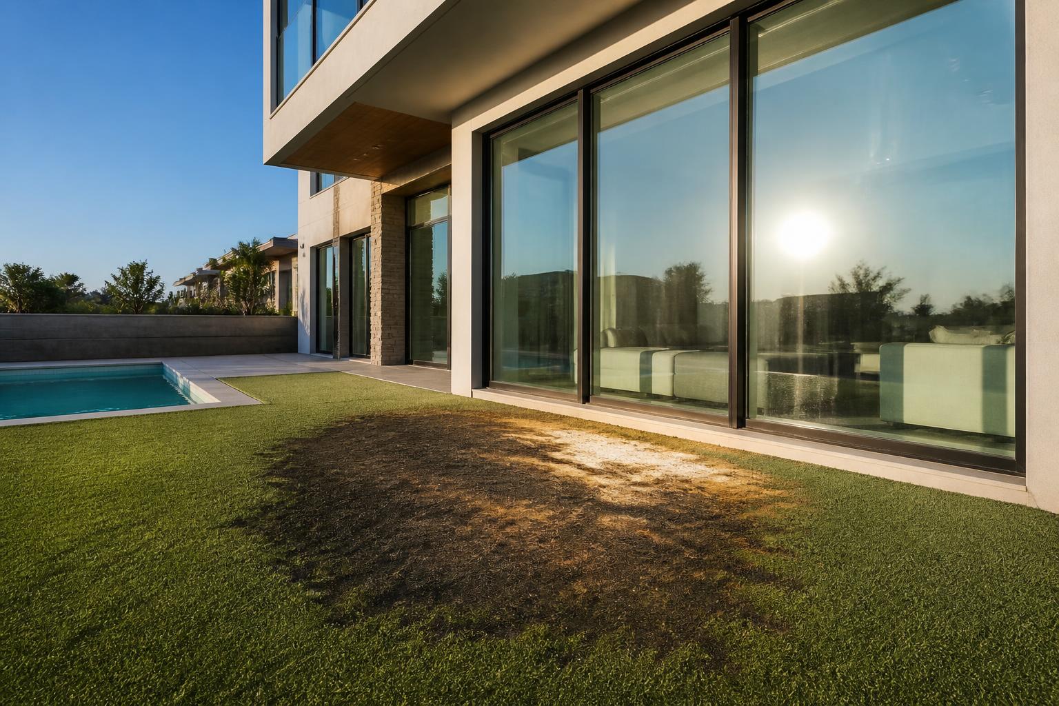 Artificial turf damaged by window reflection — the problem turf protection window film prevents