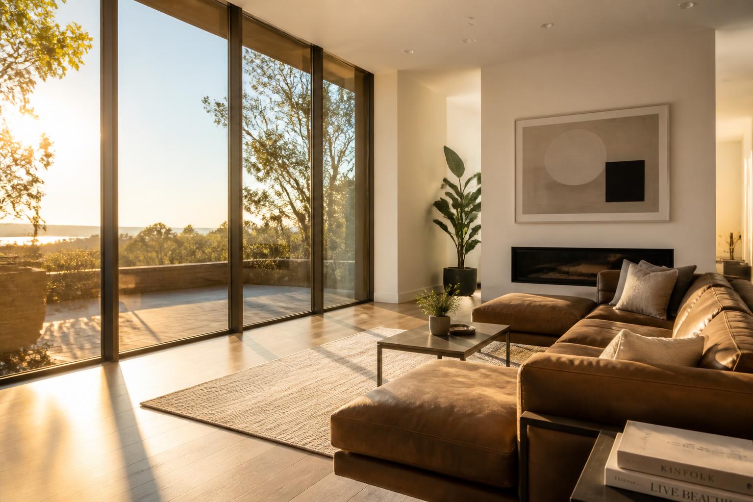 Sunlight streaming into a modern living room — UV and fade protection window film preserving furniture, floors, and artwork