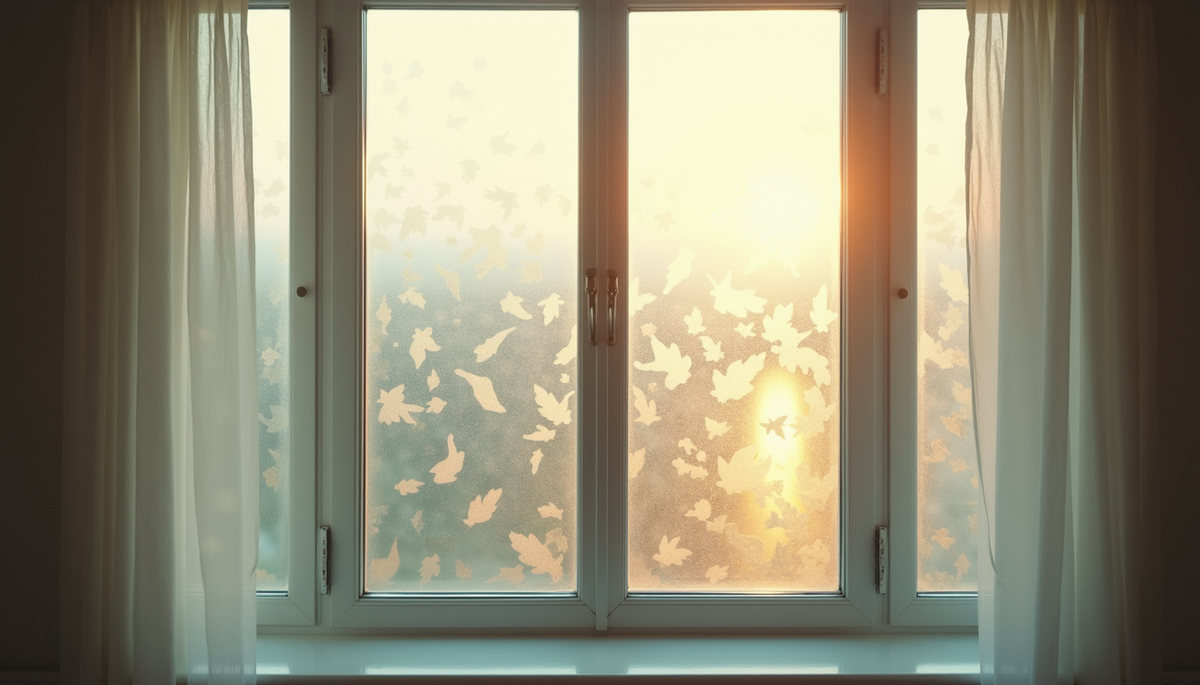 Eye-level view of a beautifully decorated window with frosted glass film