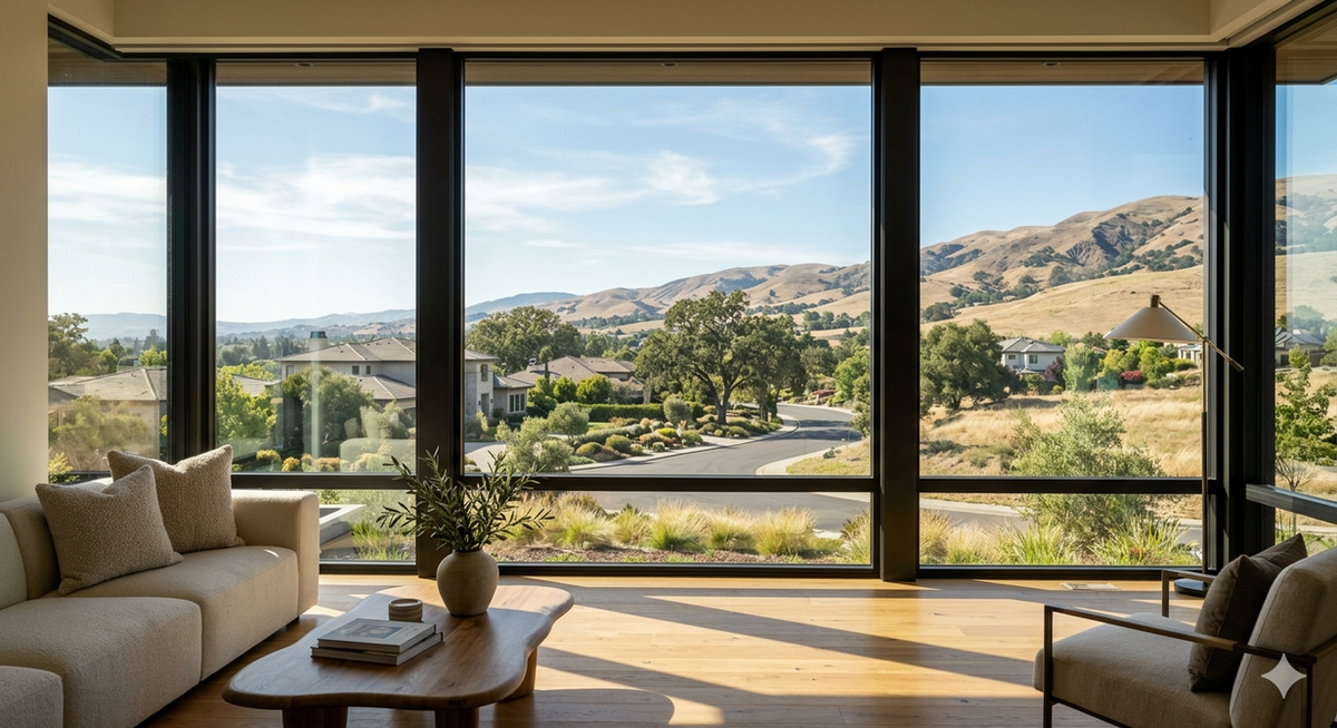 A view through expansive windows of a Dublin, California, home, looking out onto a residential street, hills, and clear sky. A modern living room with a couch, coffee table, and large window frames is in the foreground. Keywords: Dublin CA, home window tinting, residential window film, clear view.