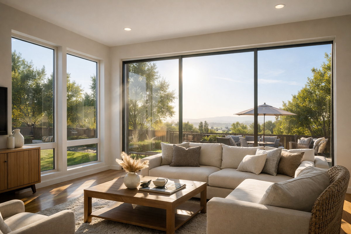 Heat-reducing window film installed on large residential windows in Dublin CA home with bright afternoon sunlight outside.