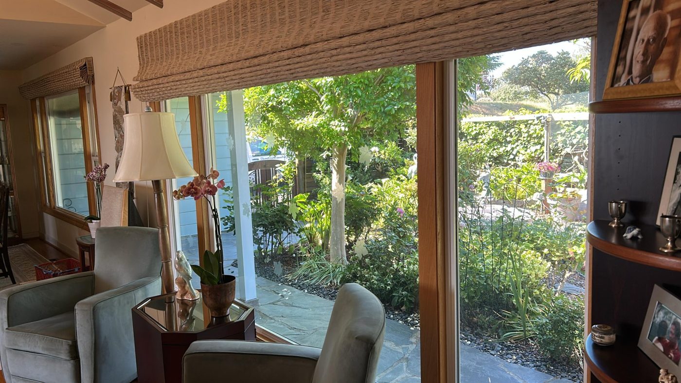 Home dining room with large tinted windows overlooking a garden