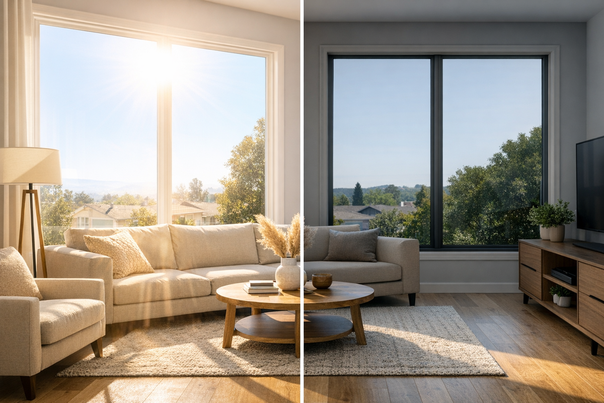 Side-by-side living room comparison showing untreated windows with harsh sunlight and glare versus residential window tint reducing brightness and improving comfort in a Dublin CA home