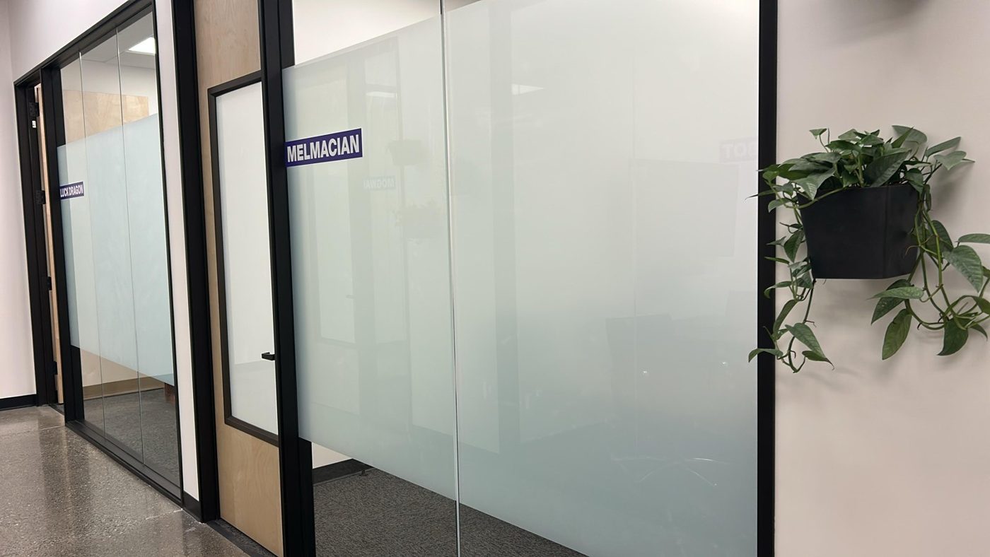 Interior door with frosted privacy film panel