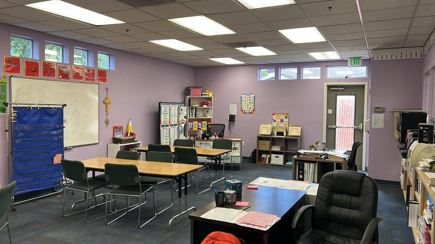 Elementary classroom with solar control film on the exterior windows