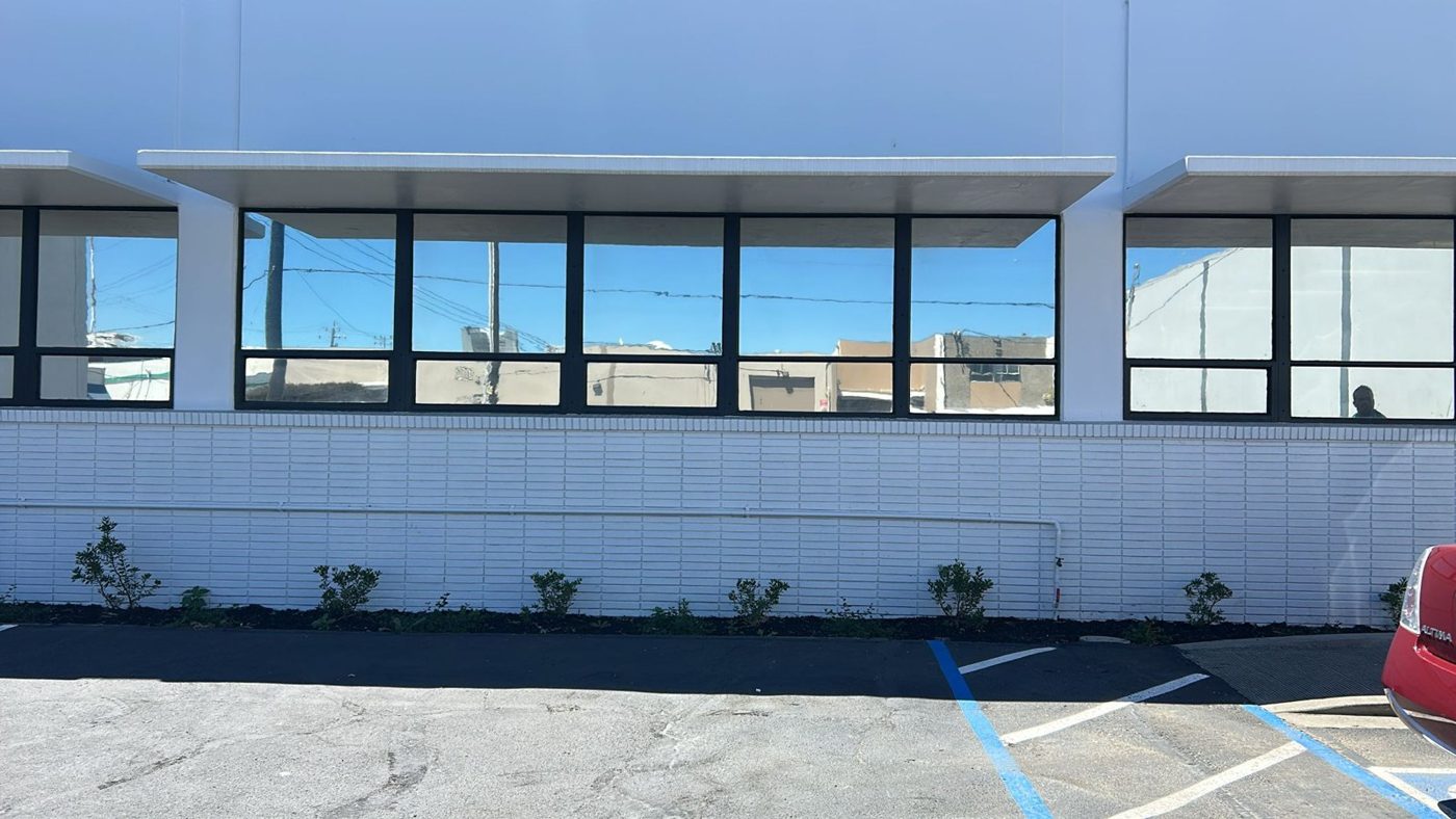 Row of commercial windows with uniform dark window film along a building exterior