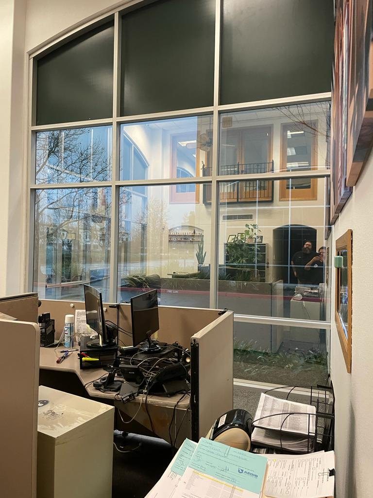 Commercial windows fitted with clear safety and security film