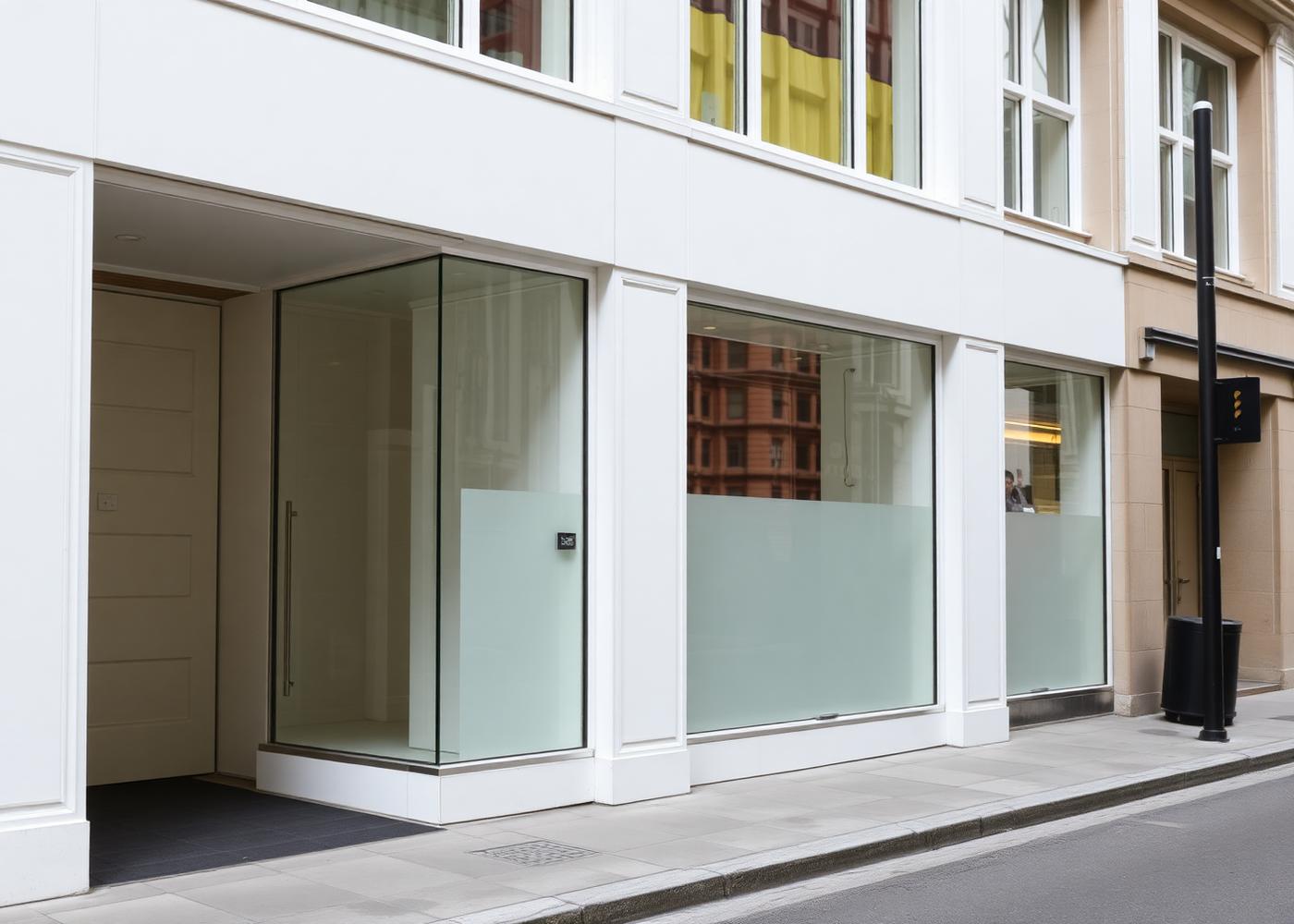 Retail storefront with large plate glass windows and frosted privacy band