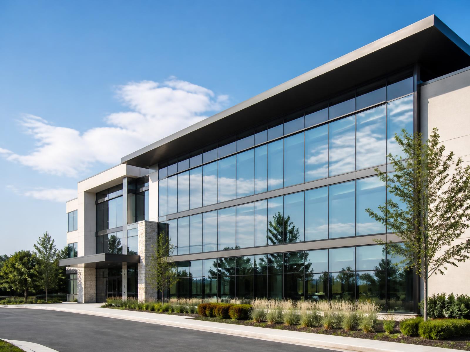 Modern commercial office building with a full-height glass curtain wall