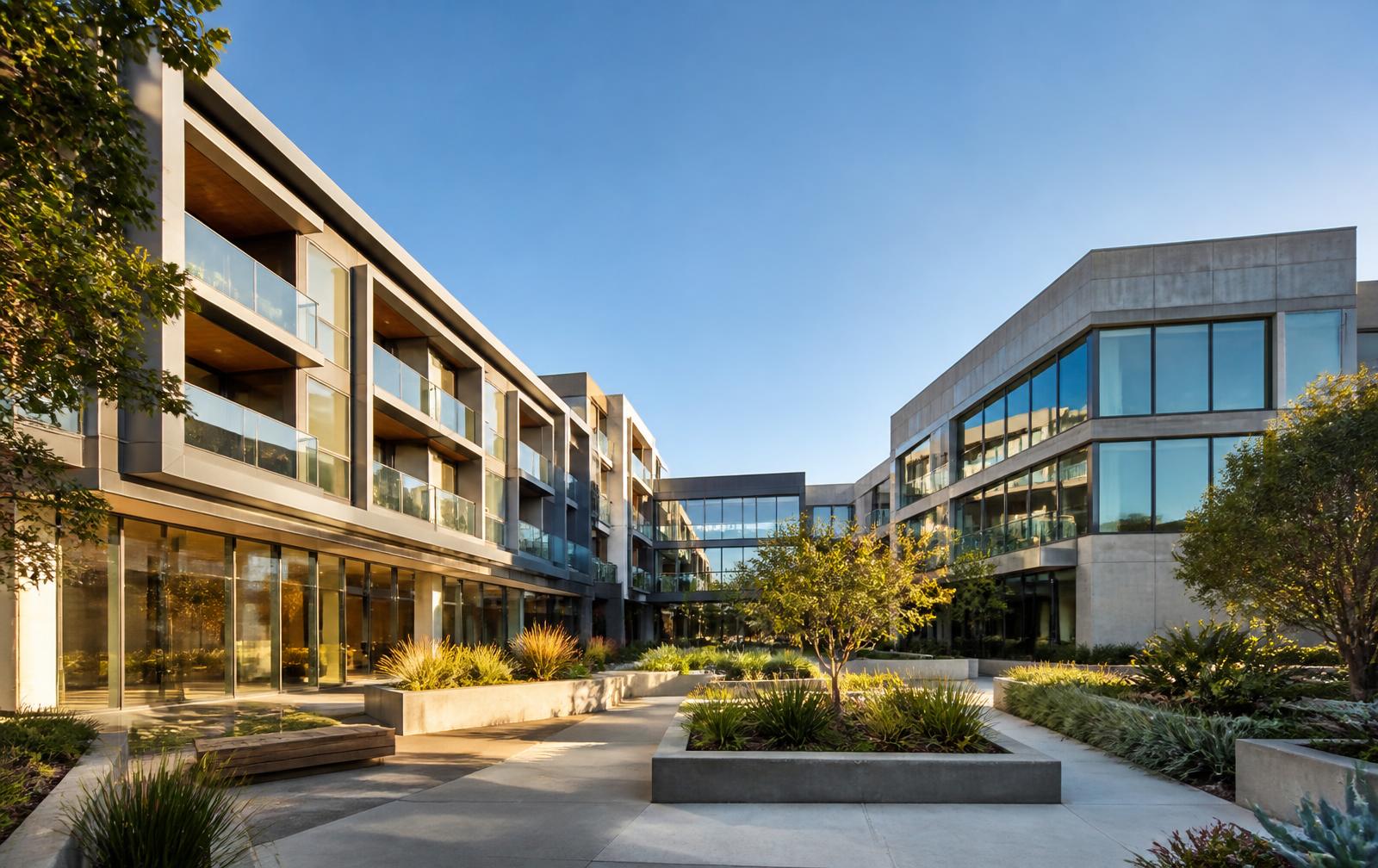 Multi-tenant apartment and office complex with large glass windows and balconies in California