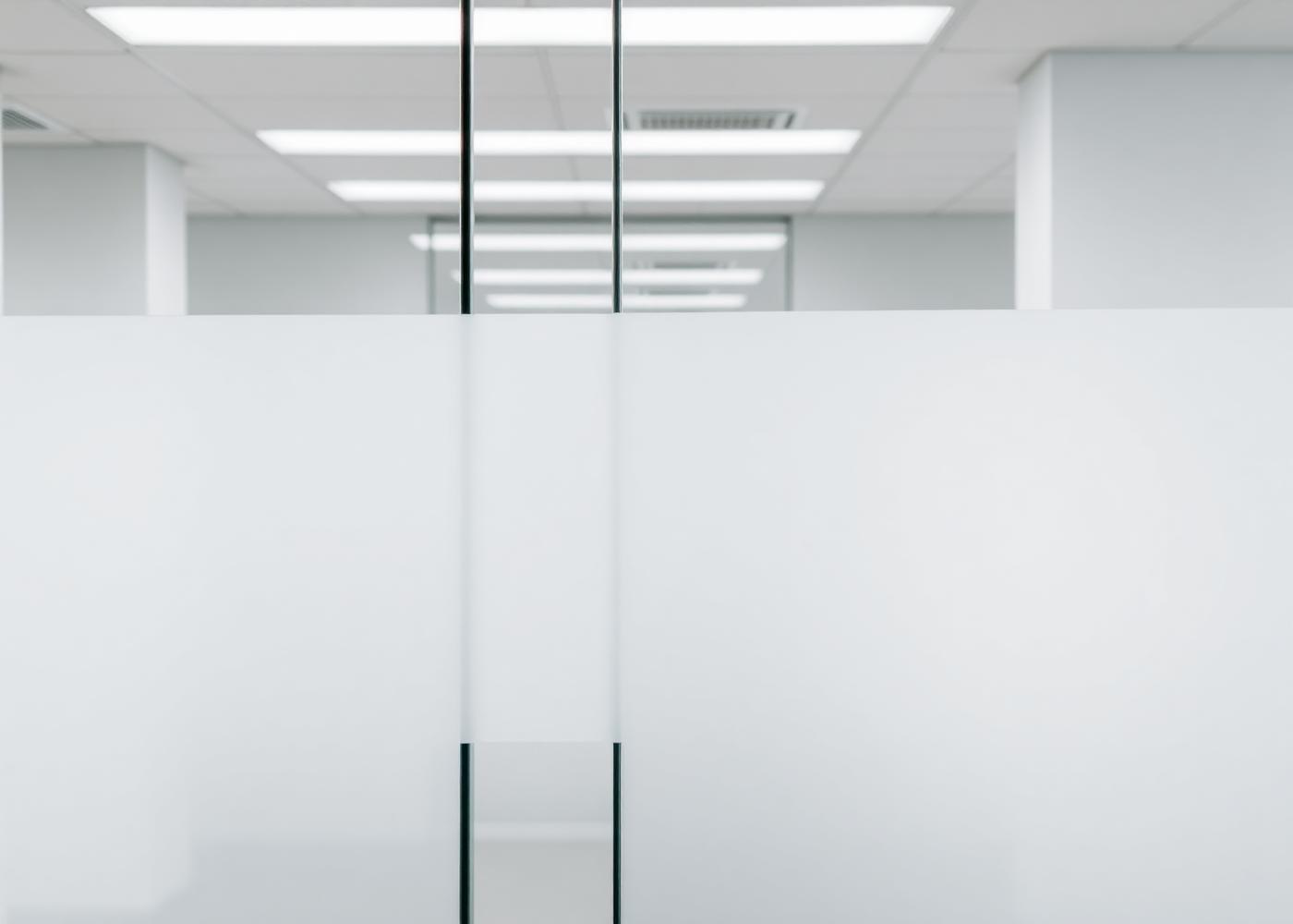 Office glass partition with a frosted privacy film band