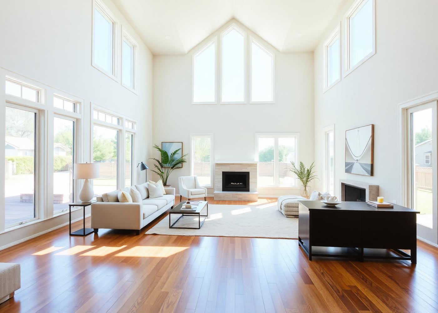Bright living room with floor-to-ceiling windows and hardwood floors