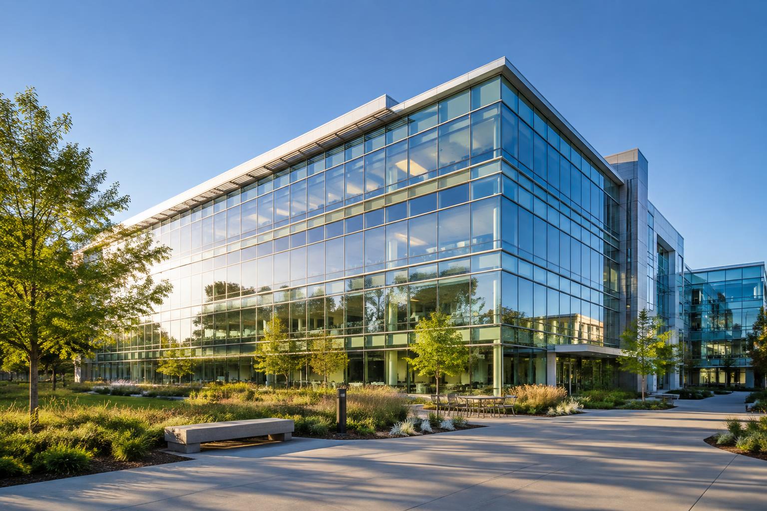 Modern glass office building in San Jose with solar control window film on its curtain wall