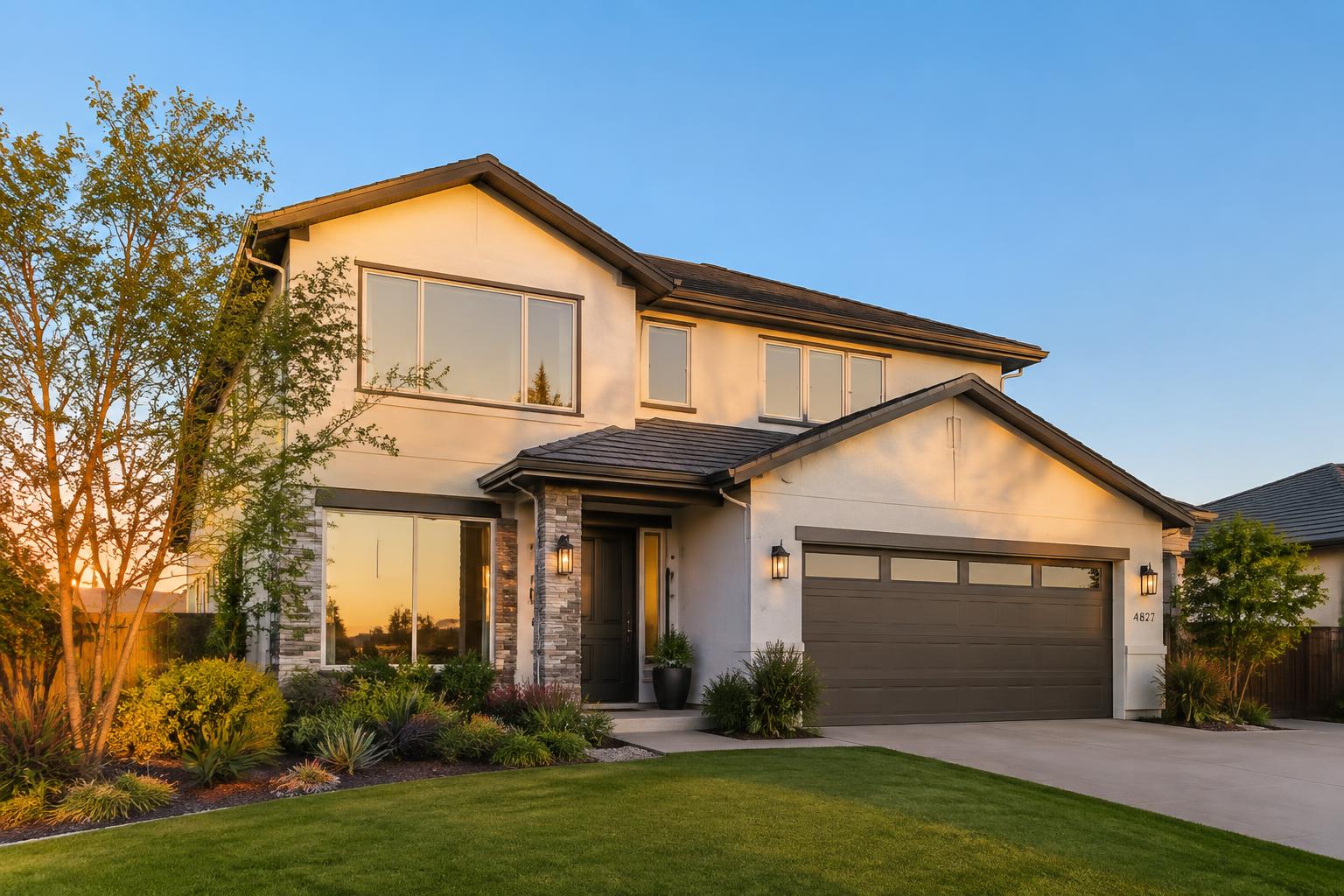 Two-story Livermore home at golden hour with large windows treated with residential window film