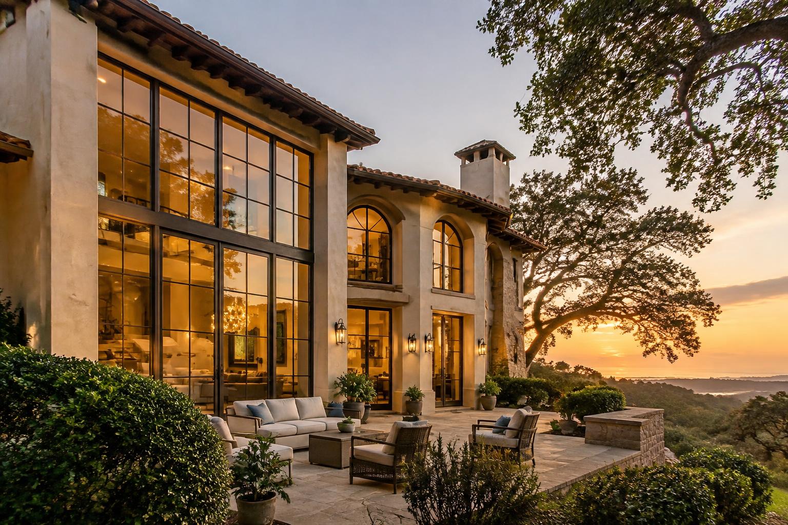 Alamo hillside home with tall two-story window walls at sunset