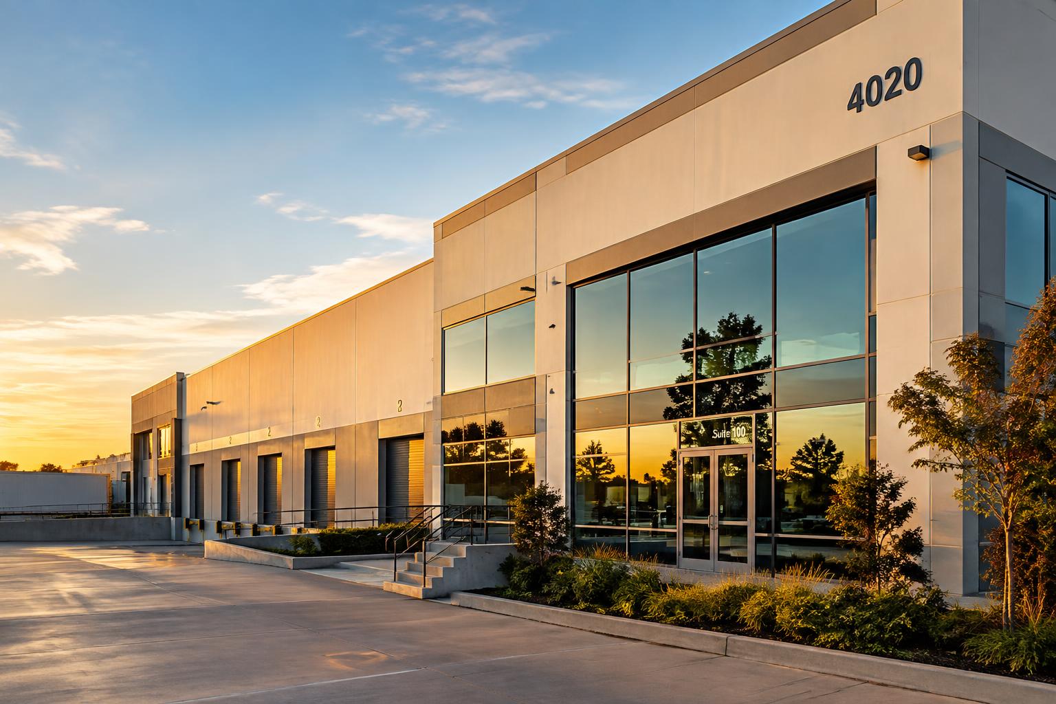 Hayward industrial and commercial building with large storefront windows at sunset